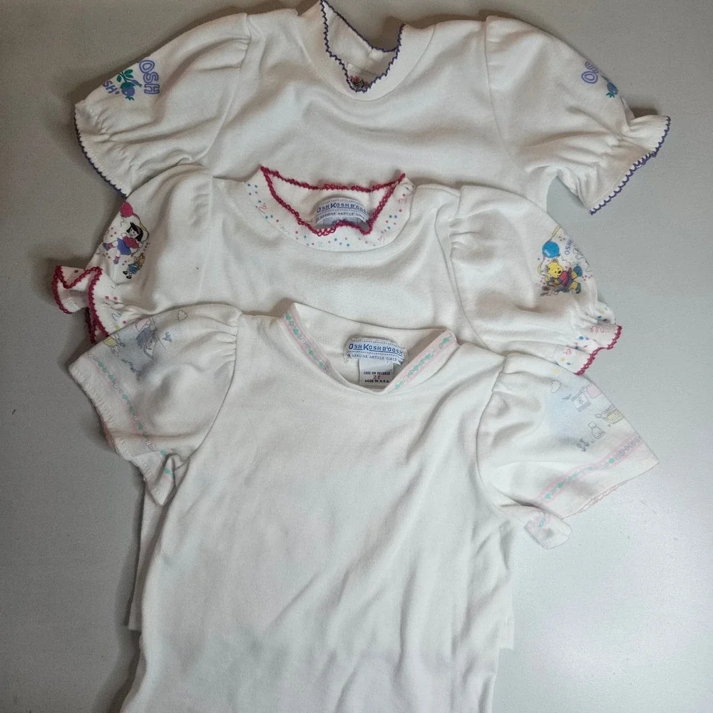 Vintage OshKosh Bgosh Toddler Girls White Puff Sleeve T-Shirt Lot 3 24M 2T USA